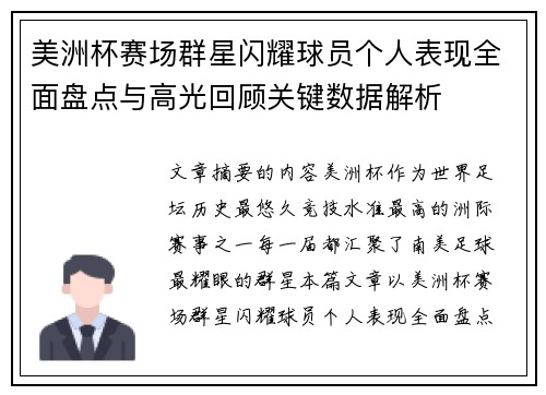 美洲杯赛场群星闪耀球员个人表现全面盘点与高光回顾关键数据解析